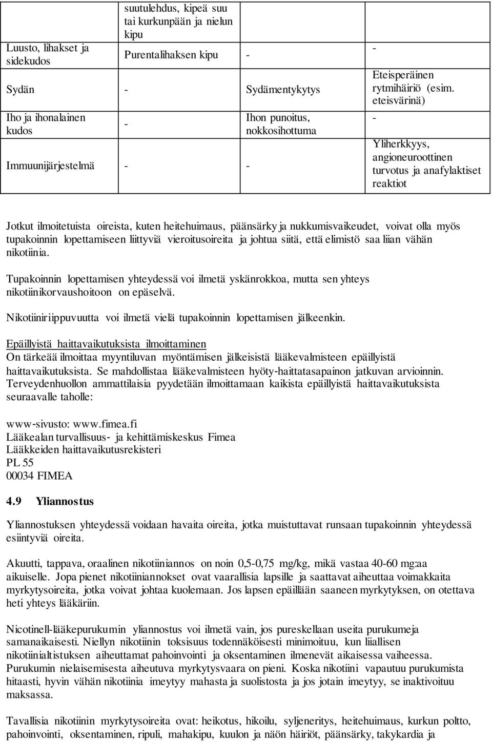 eteisvärinä) Yliherkkyys, angioneuroottinen turvotus ja anafylaktiset reaktiot Jotkut ilmoitetuista oireista, kuten heitehuimaus, päänsärky ja nukkumisvaikeudet, voivat olla myös tupakoinnin