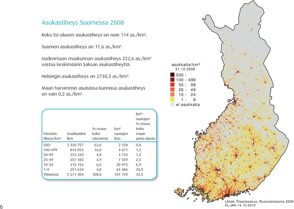 2008 500-100 - 499 50-99 25-49 10-24 1-9 ei asukkaita km 2 - ruutujen %-osuus %-osuus km 2 koko Väestön- Asukkaiden koko ruutujen maan tiheys/km 2 lkm väestöstä lkm pinta-alasta 500 3 350 757 63,6