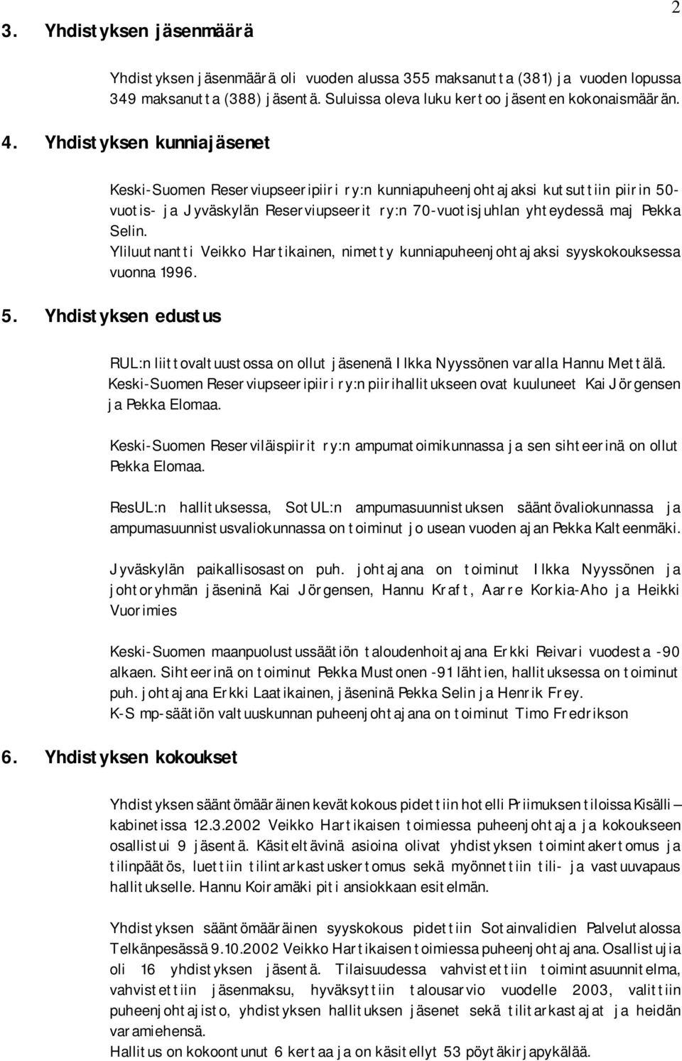 Yliluutnantti Veikko Hartikainen, nimetty kunniapuheenjohtajaksi syyskokouksessa vuonna 1996. 5. Yhdistyksen edustus RUL:n liittovaltuustossa on ollut jäsenenä Ilkka Nyyssönen varalla Hannu Mettälä.