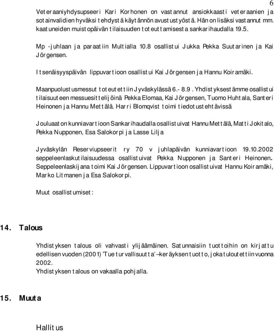 Itsenäisyyspäivän lippuvartioon osallistui Kai Jörgensen ja Hannu Koiramäki. Maanpuolustusmessut toteutettiin Jyväskylässä 6.- 8.9.