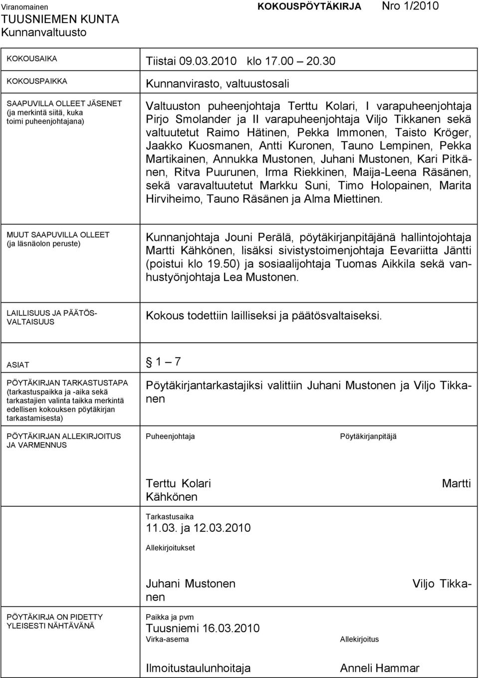 II varapuheenjohtaja Viljo Tikkanen sekä valtuutetut Raimo Hätinen, Pekka Immonen, Taisto Kröger, Jaakko Kuosmanen, Antti Kuronen, Tauno Lempinen, Pekka Martikainen, Annukka Mustonen, Juhani