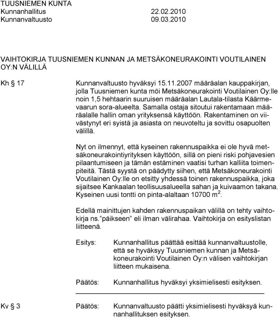 Samalla ostaja sitoutui rakentamaan määräalalle hallin oman yrityksensä käyttöön. Rakentaminen on viivästynyt eri syistä ja asiasta on neuvoteltu ja sovittu osapuolten välillä.