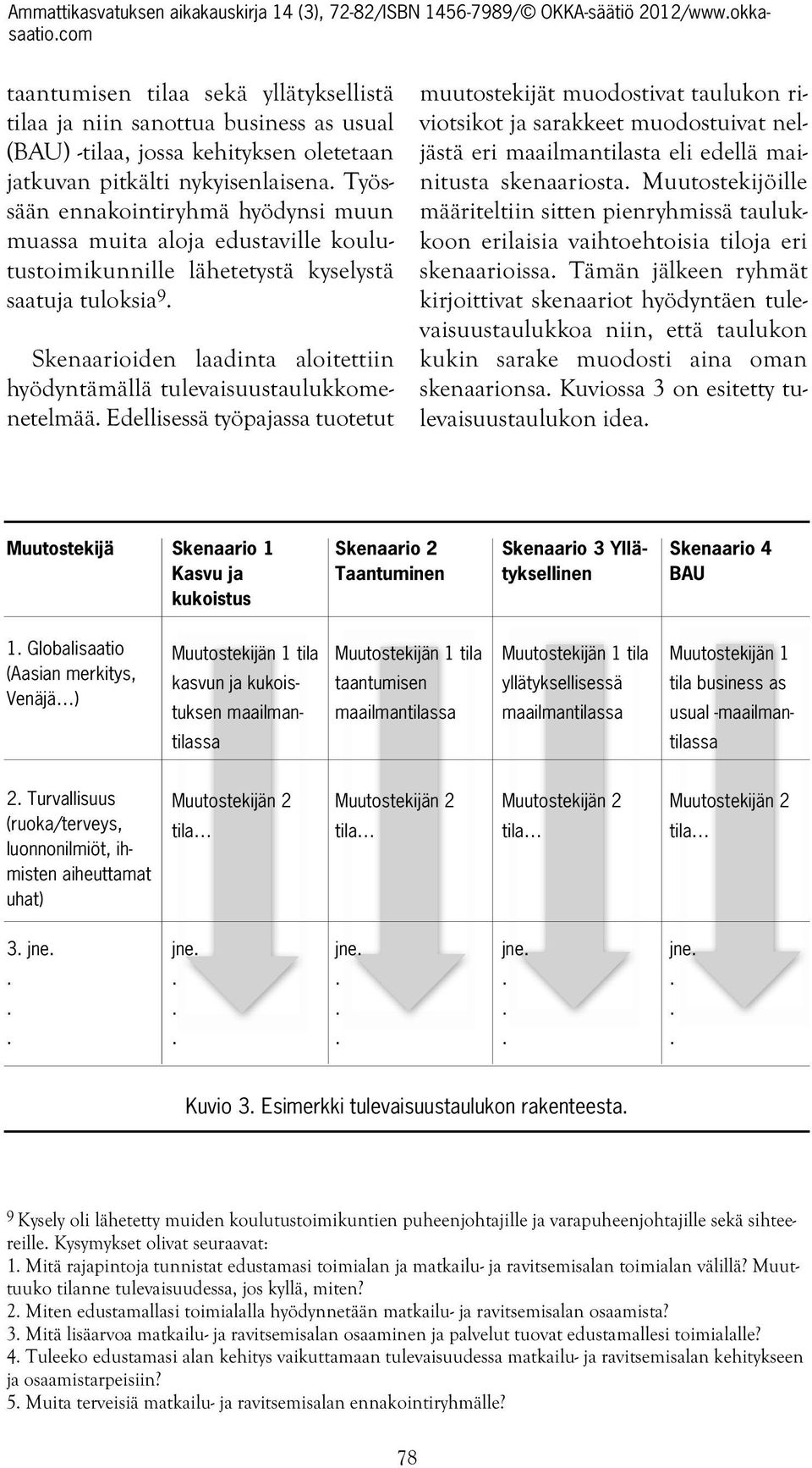 Skenaarioiden laadinta aloitettiin hyödyntämällä tulevaisuustaulukkomenetelmää Edellisessä työpajassa tuotetut muutostekijät muodostivat taulukon riviotsikot ja sarakkeet muodostuivat neljästä eri