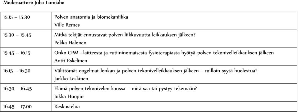 15 Onko CPM laitteesta ja rutiininomaisesta fysioterapiasta hyötyä polven tekonivelleikkauksen jälkeen Antti Eskelinen 16.15 16.