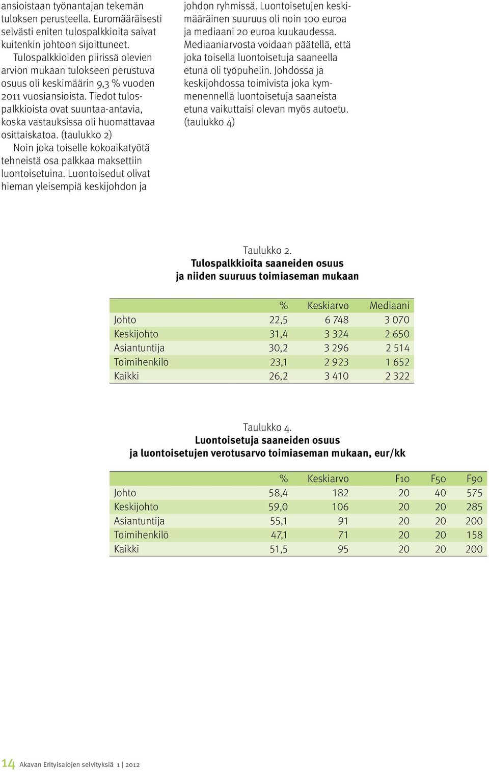 Tiedot tulospalkkioista ovat suuntaa-antavia, koska vastauksissa oli huomattavaa osittaiskatoa. (taulukko 2) Noin joka toiselle kokoaikatyötä tehneistä osa palkkaa maksettiin luontoisetuina.