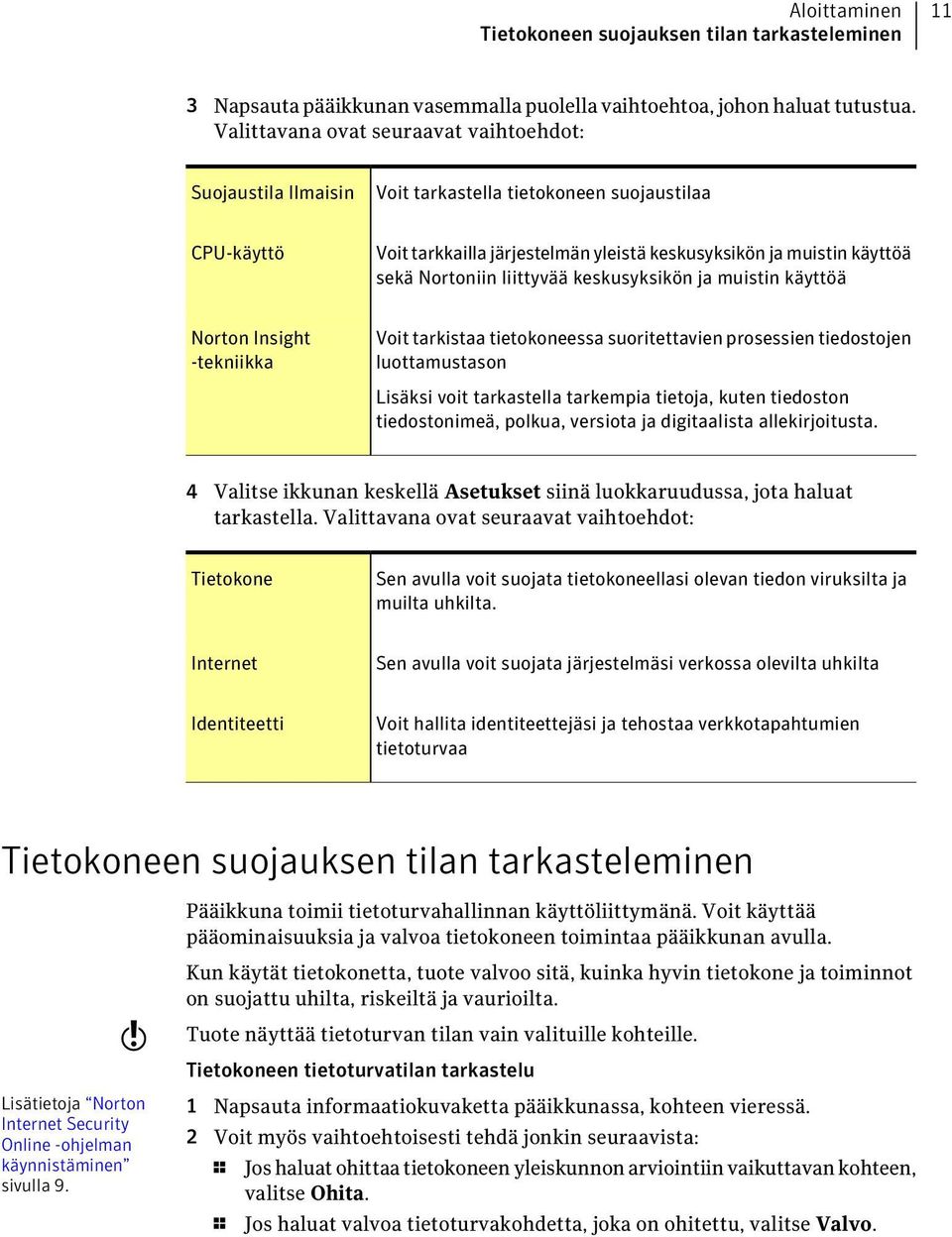 liittyvää keskusyksikön ja muistin käyttöä Norton Insight -tekniikka Voit tarkistaa tietokoneessa suoritettavien prosessien tiedostojen luottamustason Lisäksi voit tarkastella tarkempia tietoja,