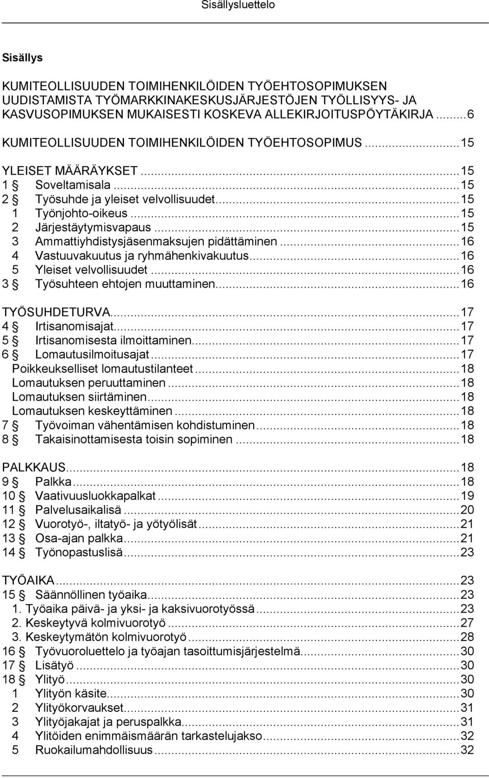 .. 15 3 Ammattiyhdistysjäsenmaksujen pidättäminen... 16 4 Vastuuvakuutus ja ryhmähenkivakuutus... 16 5 Yleiset velvollisuudet... 16 3 Työsuhteen ehtojen muuttaminen... 16 TYÖSUHDETURVA.