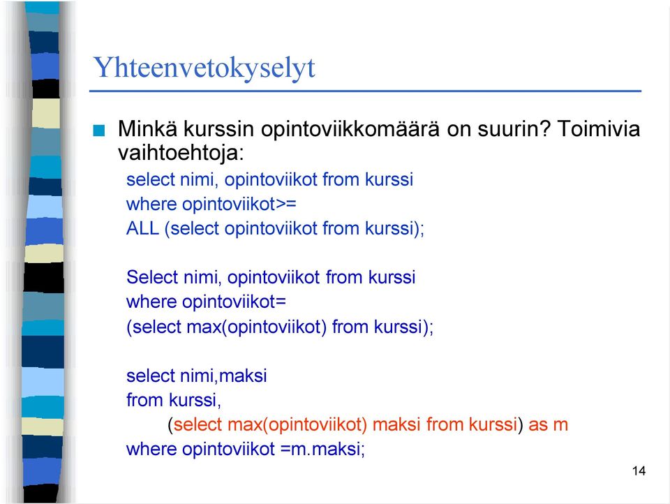 opintoviikot from kurssi); Select nimi, opintoviikot from kurssi where opintoviikot= (select
