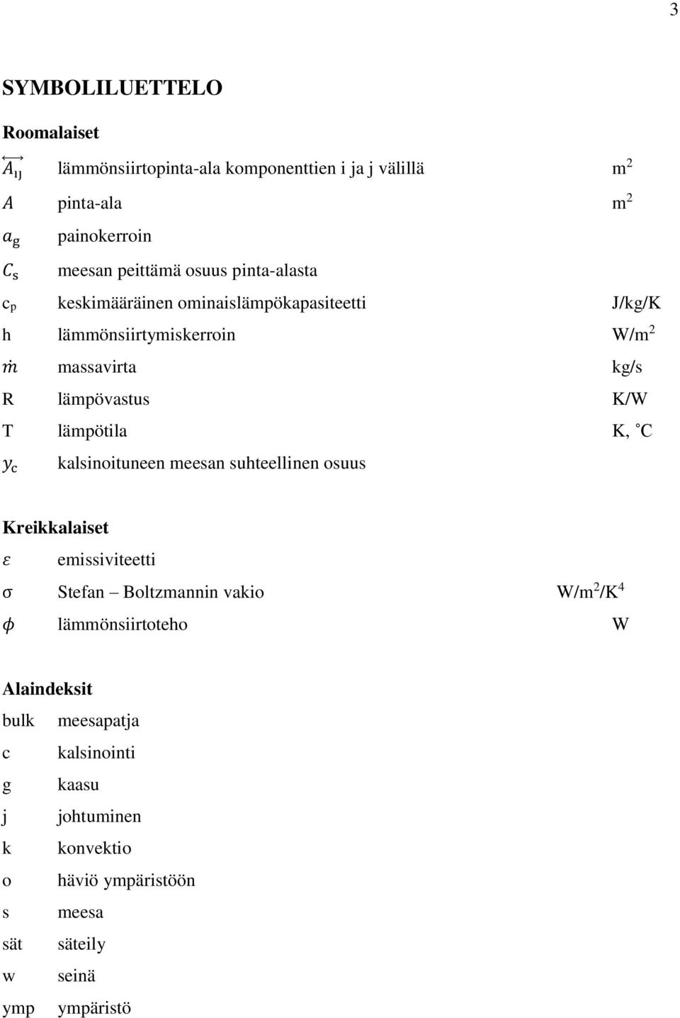 K/W T lämpötila K, C y c kalsinoituneen meesan suhteellinen osuus Kreikkalaiset ε emissiviteetti σ Stefan Boltzmannin vakio W/m 2 /K 4 φ