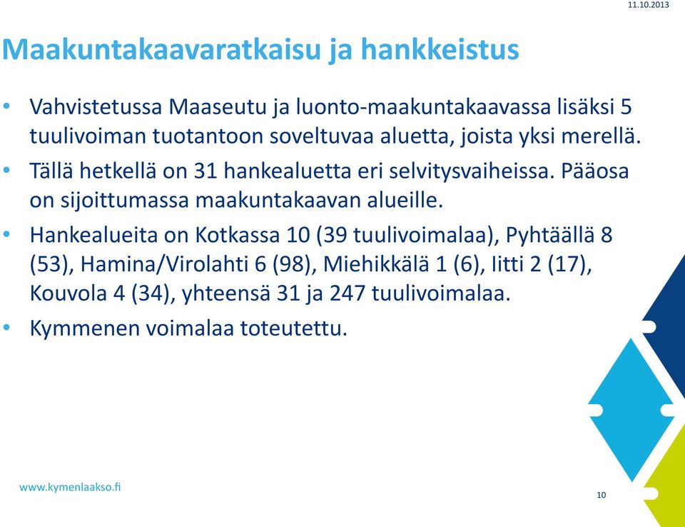 tuotantoon soveltuvaa aluetta, joista yksi merellä. Tällä hetkellä on 31 hankealuetta eri selvitysvaiheissa.