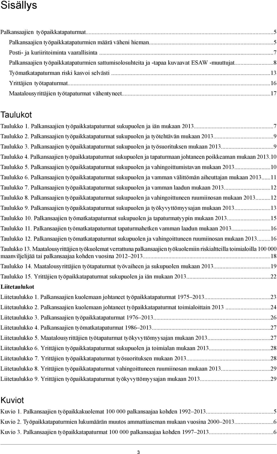 ..6 Maatalousyrittäjien työtapaturmat vähentyneet...7 Taulukot Taulukko. Palkansaajien työpaikkatapaturmat sukupuolen ja iän mukaan 203...7 Taulukko 2.