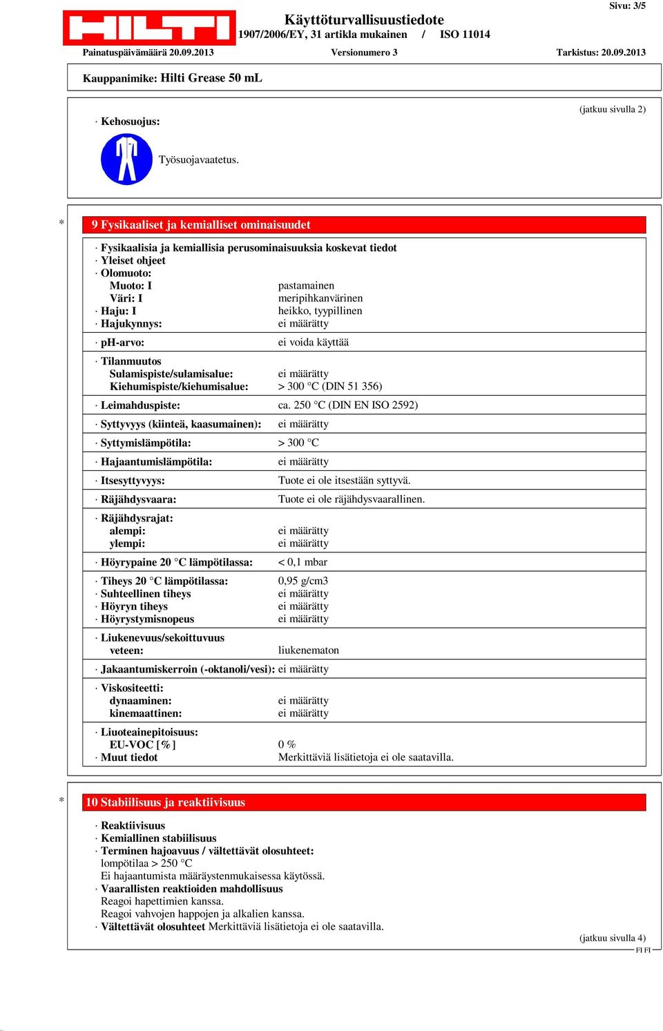 tyypillinen Hajukynnys: ph-arvo: ei voida käyttää Tilanmuutos Sulamispiste/sulamisalue: Kiehumispiste/kiehumisalue: > 300 C (DIN 51 356) Leimahduspiste: ca.
