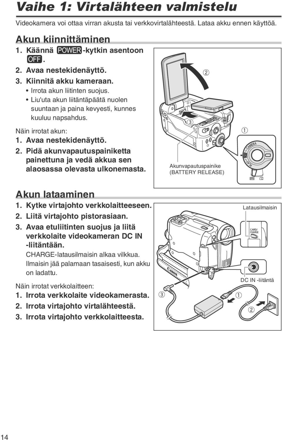 Avaa nestekidenäyttö. 2. Pidä akunvapautuspainiketta painettuna ja vedä akkua sen alaosassa olevasta ulkonemasta. Akunvapautuspainike (BATTERY RELEASE) Akun lataaminen 1.