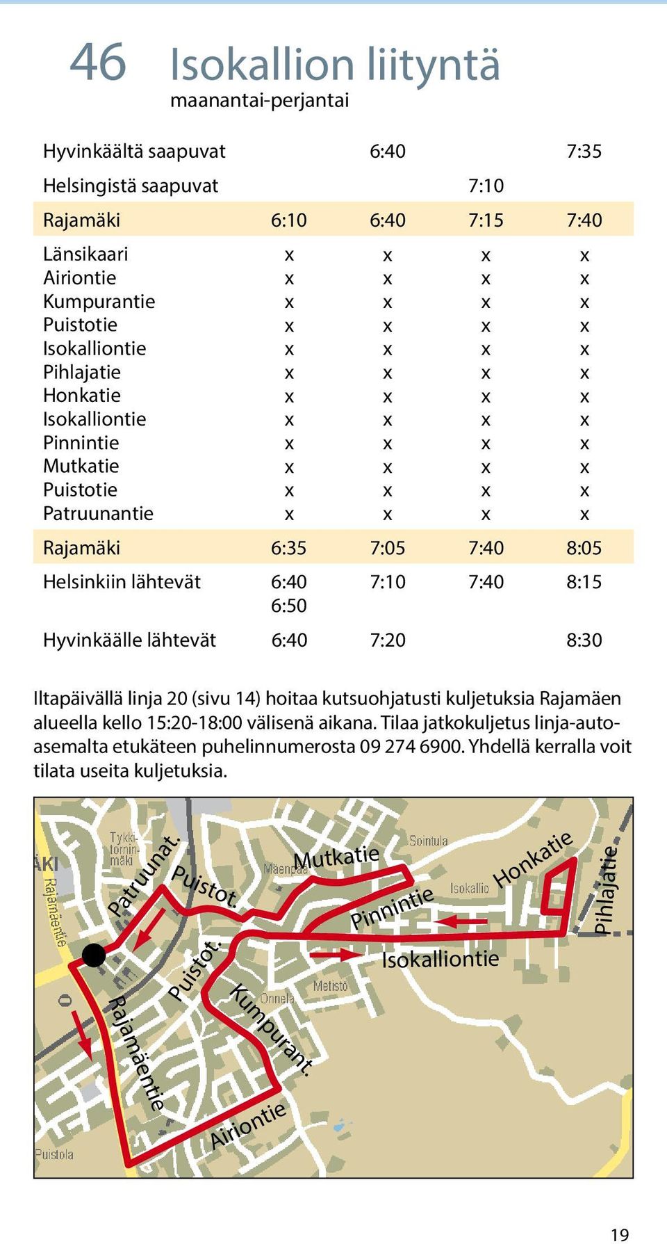 7:20 8:30 Iltapäivällä linja 20 (sivu 14) hoitaa kutsuohjatusti kuljetuksia Rajamäen alueella kello 15:2018:00 välisenä aikana.