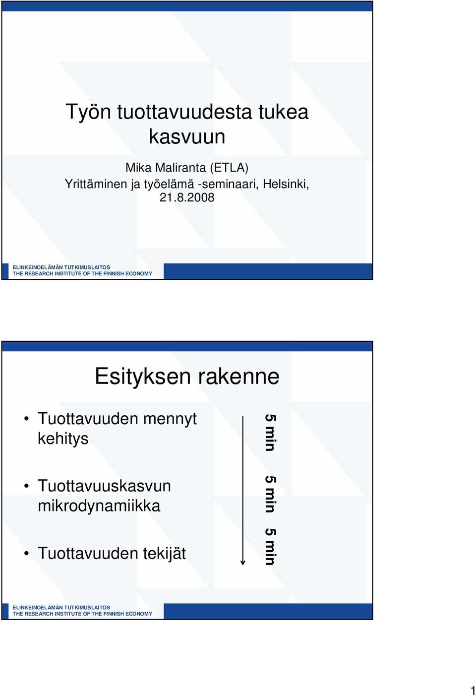 2008 Esityksen rakenne Tuottavuuden mennyt kehitys