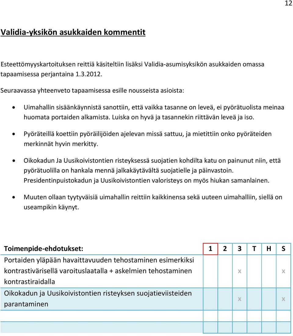 Luiska on hyvä ja tasannekin riittävän leveä ja iso. Pyöräteillä koettiin pyöräilijöiden ajelevan missä sattuu, ja mietittiin onko pyöräteiden merkinnät hyvin merkitty.