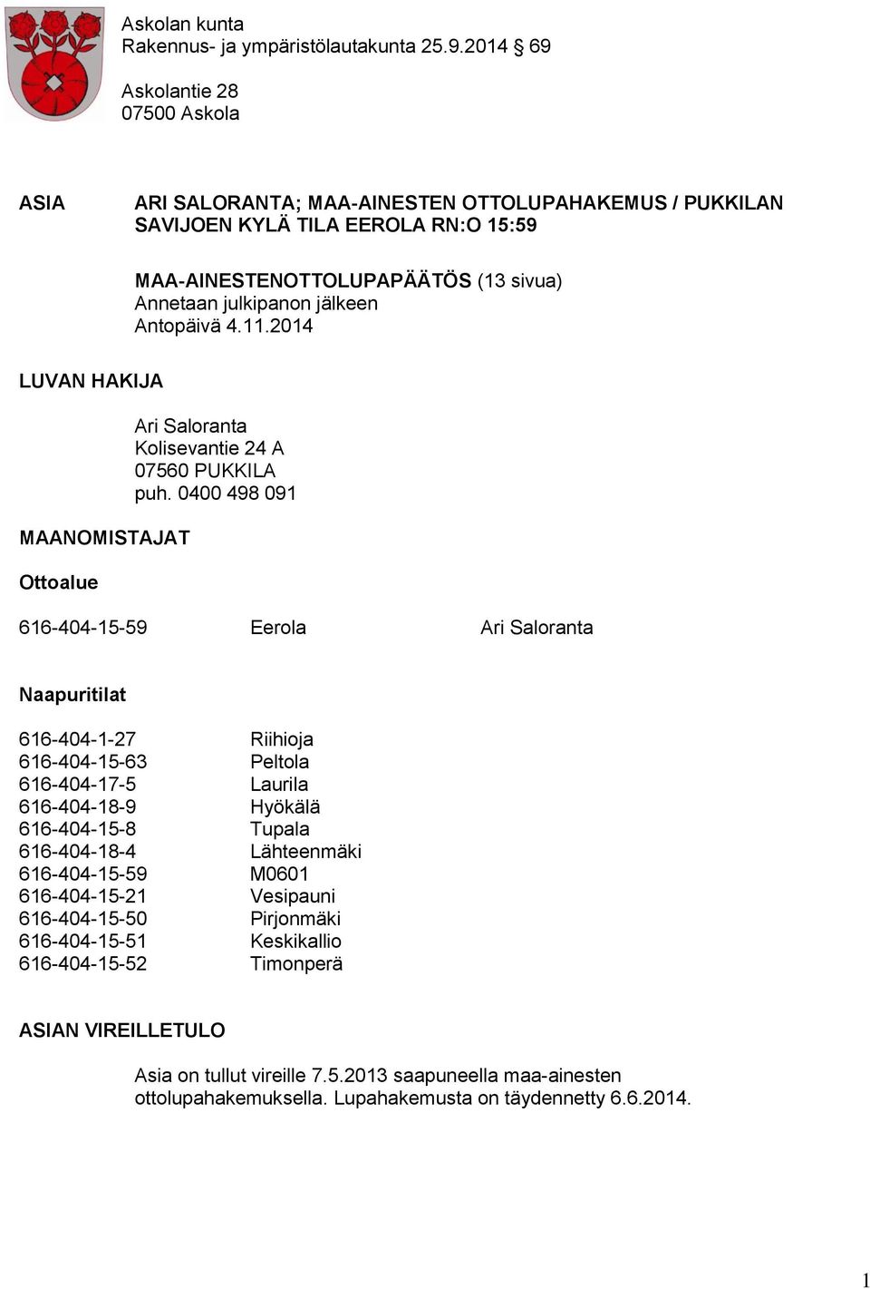 Antopäivä 4.11.2014 LUVAN HAKIJA MAANOMISTAJAT Ottoalue Ari Saloranta Kolisevantie 24 A 07560 PUKKILA puh.