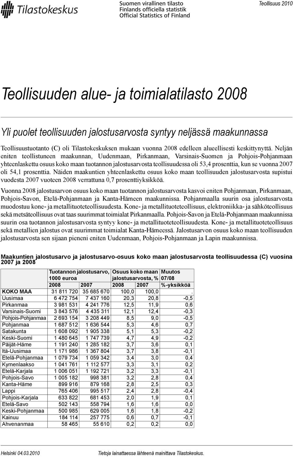 Neljän eniten teollistuneen maakunnan, Uudenmaan, Pirkanmaan, Varsinais-Suomen ja Pohjois-Pohjanmaan yhteenlaskettu osuus koko maan tuotannon jalostusarvosta teollisuudessa oli 53,4 prosenttia, kun