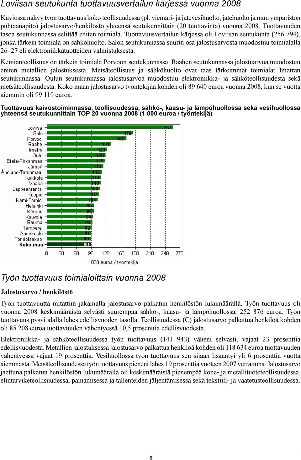 Tuottavuuden tasoa seutukunnassa selittää eniten toimiala. Tuottavuusvertailun kärjessä oli Loviisan seutukunta (256 794), jonka tärkein toimiala on sähköhuolto.