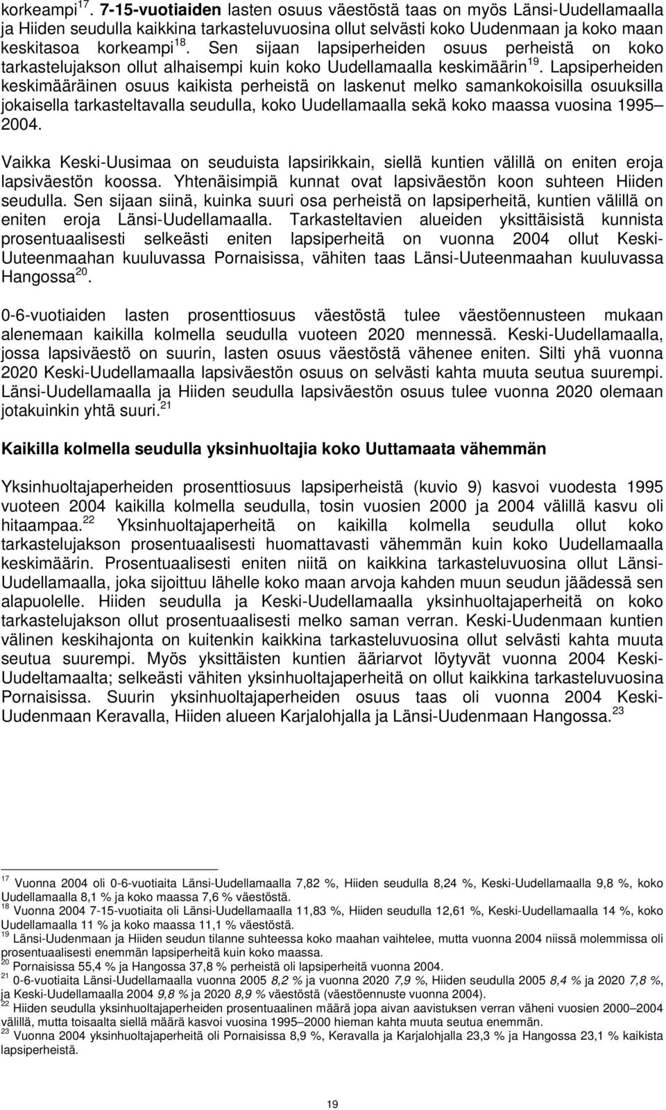 Lapsiperheiden keskimääräinen osuus kaikista perheistä on laskenut melko samankokoisilla osuuksilla jokaisella tarkasteltavalla seudulla, koko Uudellamaalla sekä koko maassa vuosina 1995 24.