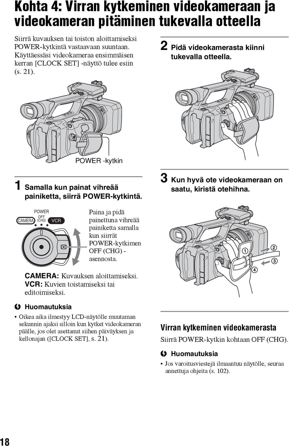 POWER -kytkin 1 Samalla kun painat vihreää painiketta, siirrä POWER-kytkintä. 3 Kun hyvä ote videokameraan on saatu, kiristä otehihna.