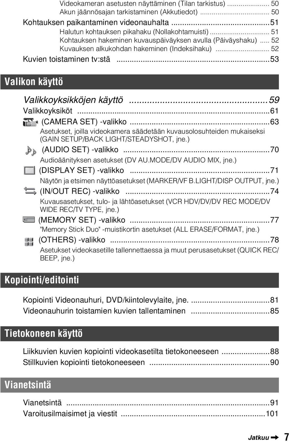 ..59 Valikkoyksiköt...61 (CAMERA SET) -valikko...63 Asetukset, joilla videokamera säädetään kuvausolosuhteiden mukaiseksi (GAIN SETUP/BACK LIGHT/STEADYSHOT, jne.) (AUDIO SET) -valikko.