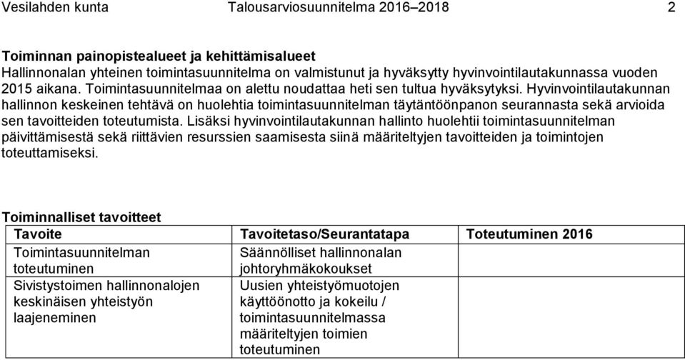 Hyvinvointilautakunnan hallinnon keskeinen tehtävä on huolehtia toimintasuunnitelman täytäntöönpanon seurannasta sekä arvioida sen tavoitteiden toteutumista.