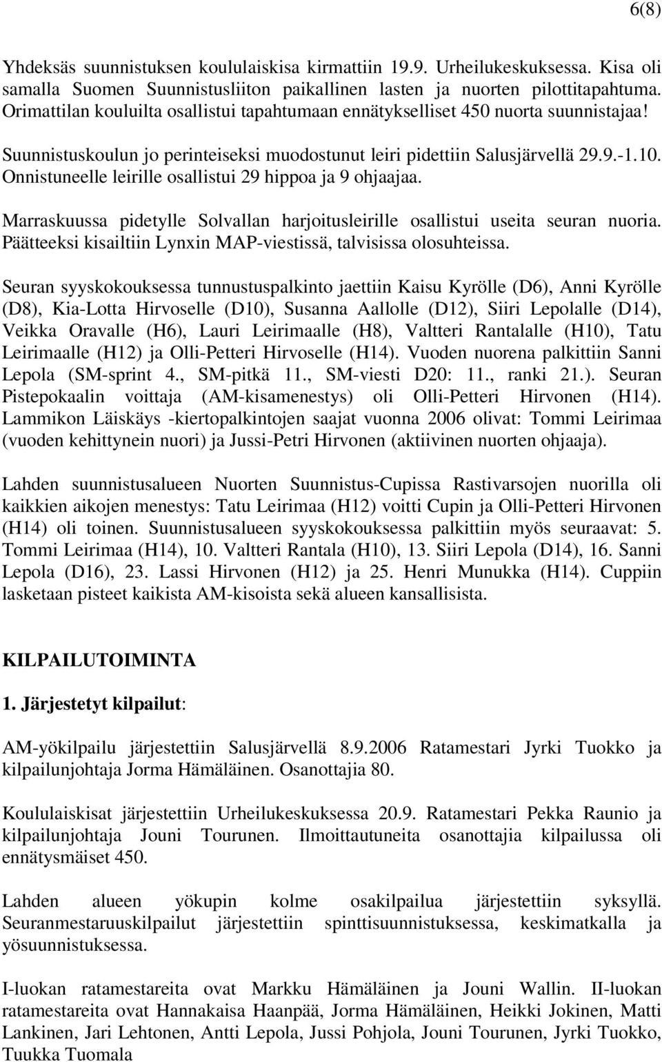 Onnistuneelle leirille osallistui 29 hippoa ja 9 ohjaajaa. Marraskuussa pidetylle Solvallan harjoitusleirille osallistui useita seuran nuoria.