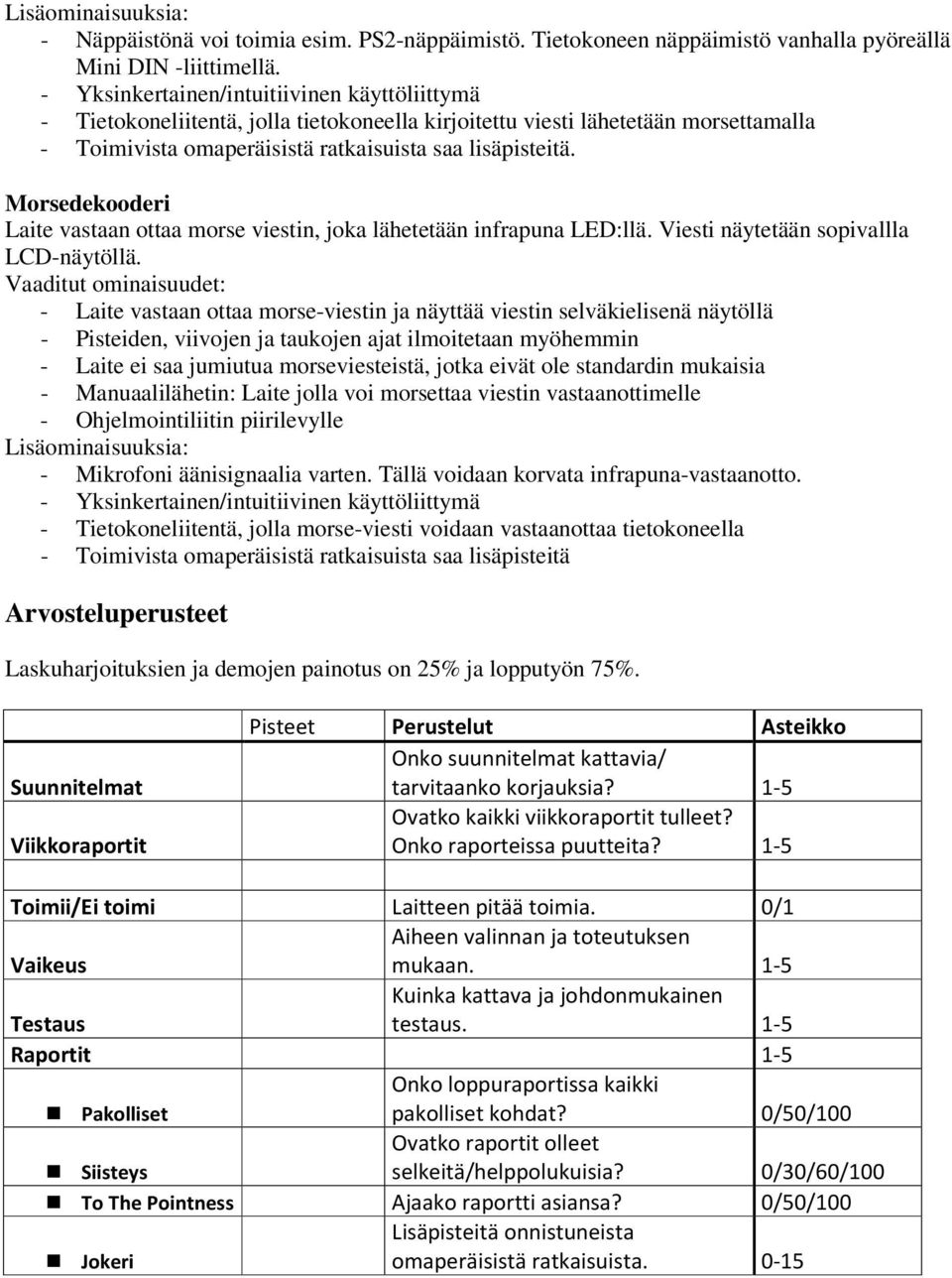 - Laite vastaan ottaa morse-viestin ja näyttää viestin selväkielisenä näytöllä - Pisteiden, viivojen ja taukojen ajat ilmoitetaan myöhemmin - Laite ei saa jumiutua morseviesteistä, jotka eivät ole