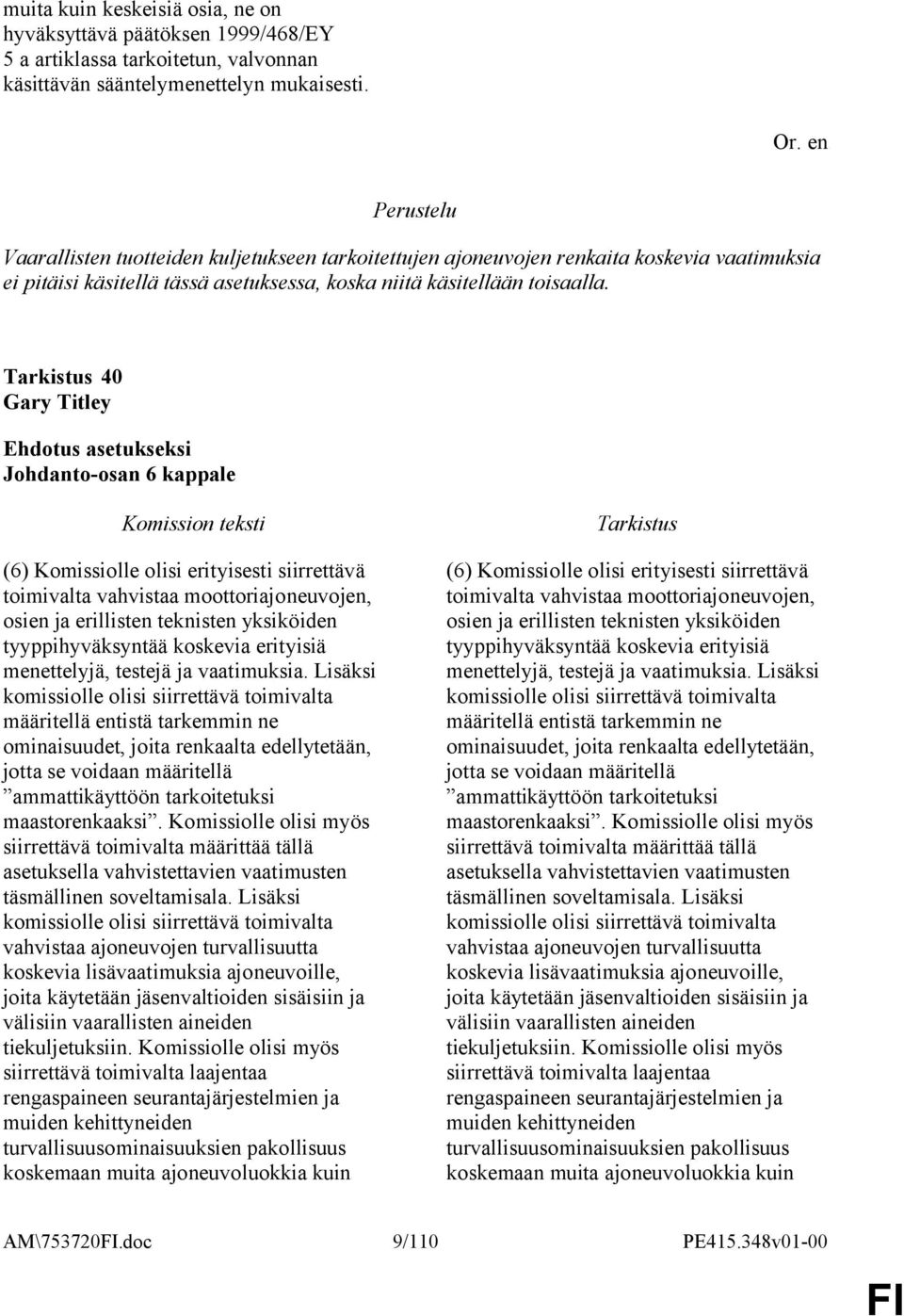 40 Gary Titley Johdanto-osan 6 kappale (6) Komissiolle olisi erityisesti siirrettävä toimivalta vahvistaa moottoriajoneuvojen, osien ja erillisten teknisten yksiköiden tyyppihyväksyntää koskevia