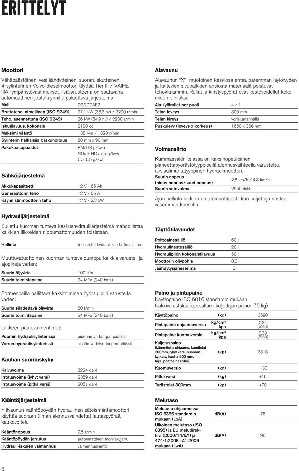 2DCAE2 Bruttoteho, nimellinen (ISO 9249) 27,1 kw (36,3 hv) / 2200 r/min Teho, asennettuna (ISO 9249) 26 kw (34,9 hv) / 2200 r/min Iskutilavuus, kokonais 2190 cc Maksimi vääntö 138 Nm / 1320 r/min