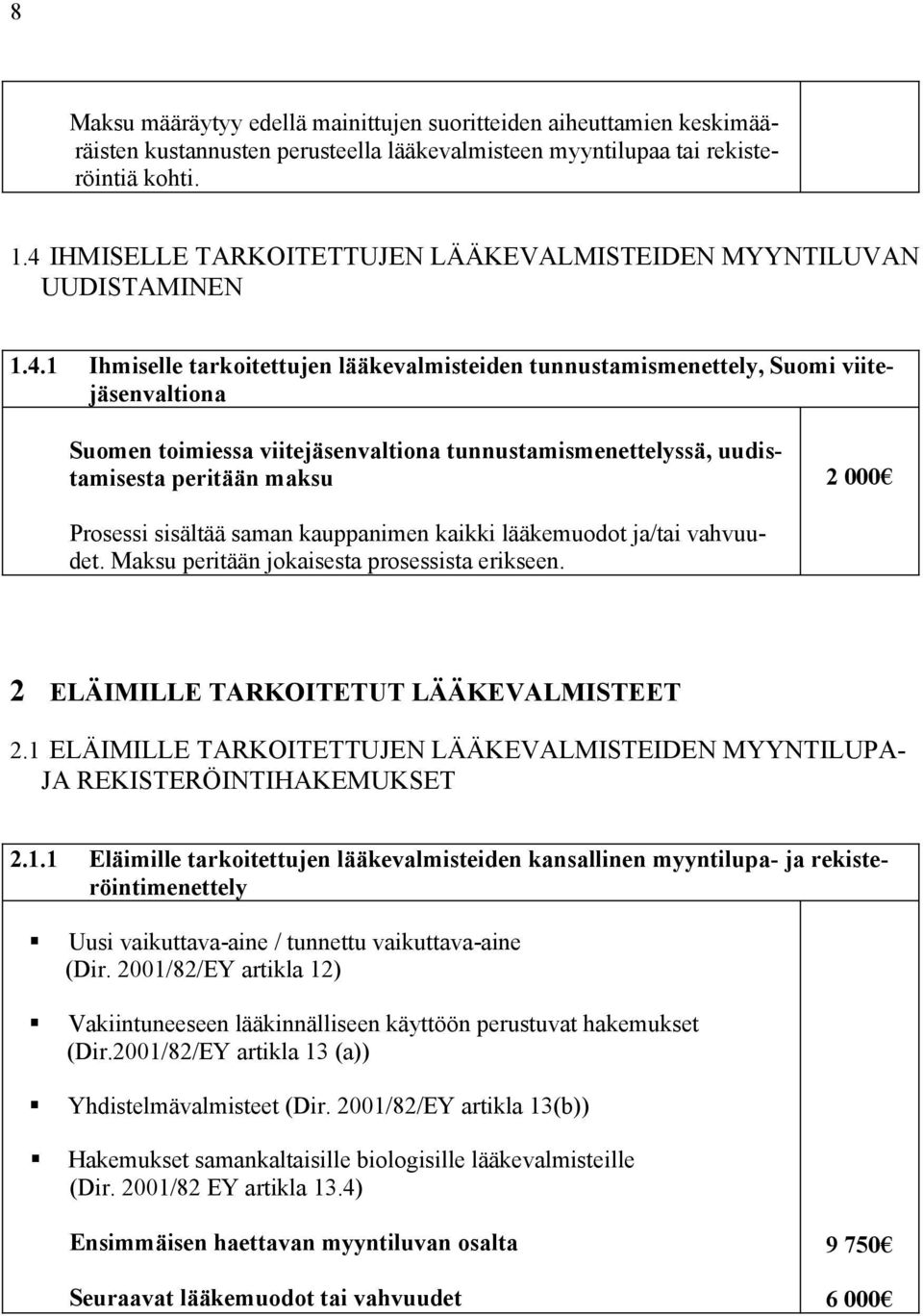 viitejäsenvaltiona tunnustamismenettelyssä, uudistamisesta peritään maksu 2 000 Prosessi sisältää saman kauppanimen kaikki lääkemuodot ja/tai vahvuudet. Maksu peritään jokaisesta prosessista erikseen.