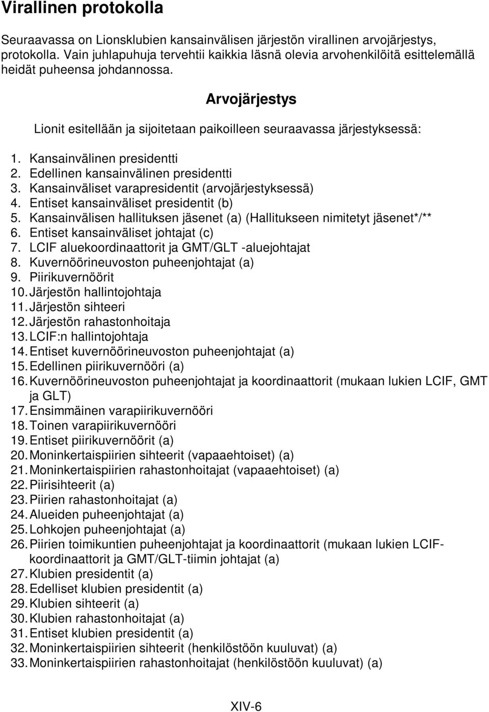 Kansainvälinen presidentti 2. Edellinen kansainvälinen presidentti 3. Kansainväliset varapresidentit (arvojärjestyksessä) 4. Entiset kansainväliset presidentit (b) 5.