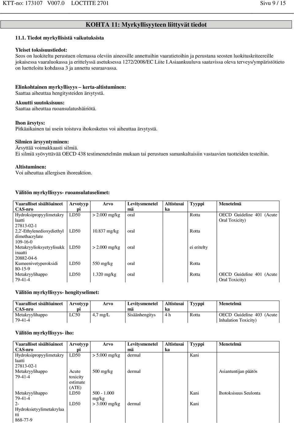 aineosille annettuihin vaaratietoihin ja perustana seosten luokituskriteereille jokaisessa vaaraluokassa ja erittelyssä asetuksessa 1272/2008/EC Liite I.
