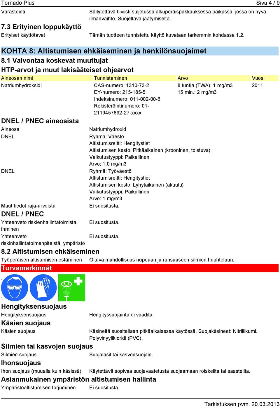1 Valvontaa koskevat muuttujat HTP-arvot ja muut lakisääteiset ohjearvot n nimi Tunnistaminen Arvo Vuosi Natriumhydroksidi CAS-numero: 1310-73-2 EY-numero: 215-185-5 Indeksinumero: 011-002-00-6