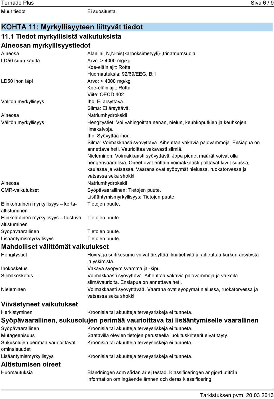Elinkohtainen myrkyllisyys kertaaltistuminen Elinkohtainen myrkyllisyys toistuva altistuminen Syöpävaarallinen Lisääntymismyrkyllisyys Arvo: > 4000 mg/kg Koe-eläinlajit: Rotta Huomautuksia: