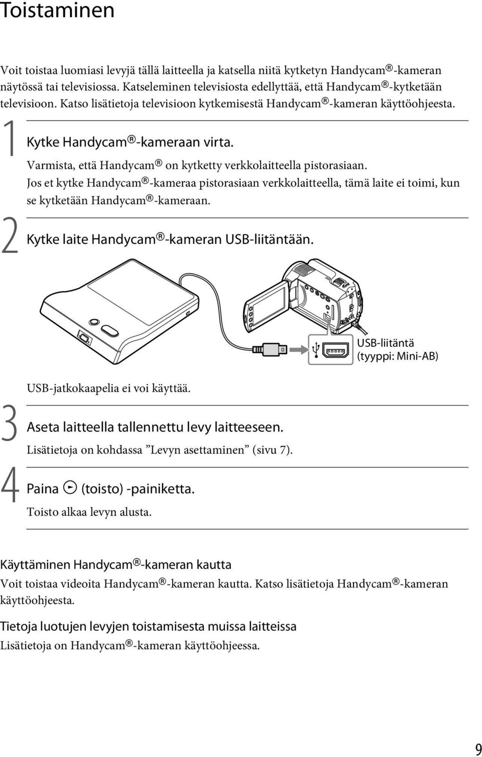 Varmista, että Handycam on kytketty verkkolaitteella pistorasiaan. Jos et kytke Handycam -kameraa pistorasiaan verkkolaitteella, tämä laite ei toimi, kun se kytketään Handycam -kameraan.