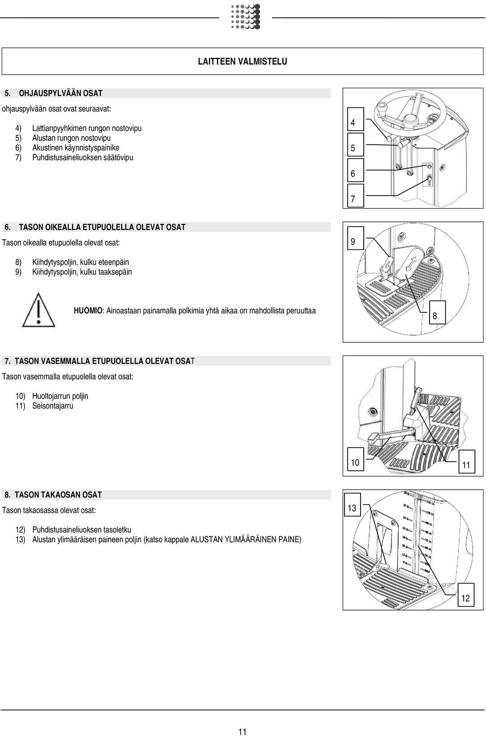 7 6. TASON OIKEALLA ETUPUOLELLA OLEVAT OSAT Tason oikealla etupuolella olevat osat: 9 8) Kiihdytyspoljin, kulku eteenpäin 9) Kiihdytyspoljin, kulku taaksepäin HUOMIO: Ainoastaan painamalla