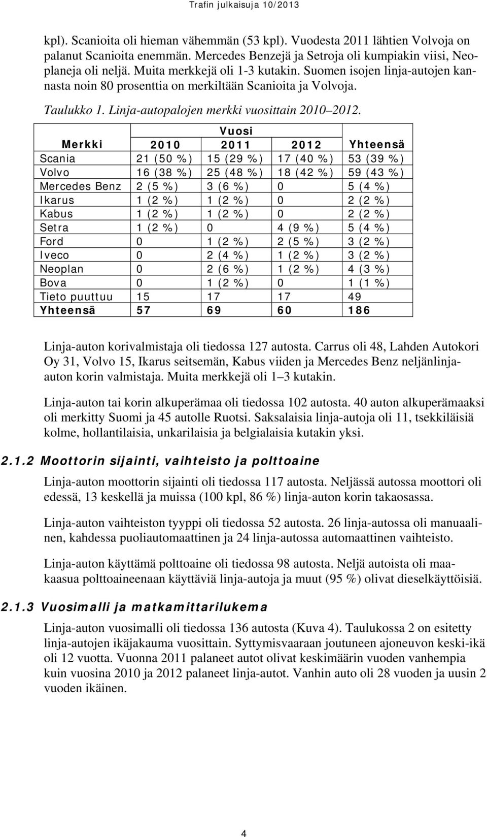 Merkki 2010 Vuosi 2011 2012 Yhteensä Scania 21 (50 %) 15 (29 %) 17 (40 %) 53 (39 %) Volvo 16 (38 %) 25 (48 %) 18 (42 %) 59 (43 %) Mercedes Benz 2 (5 %) 3 (6 %) 0 5 (4 %) Ikarus 1 (2 %) 1 (2 %) 0 2 (2