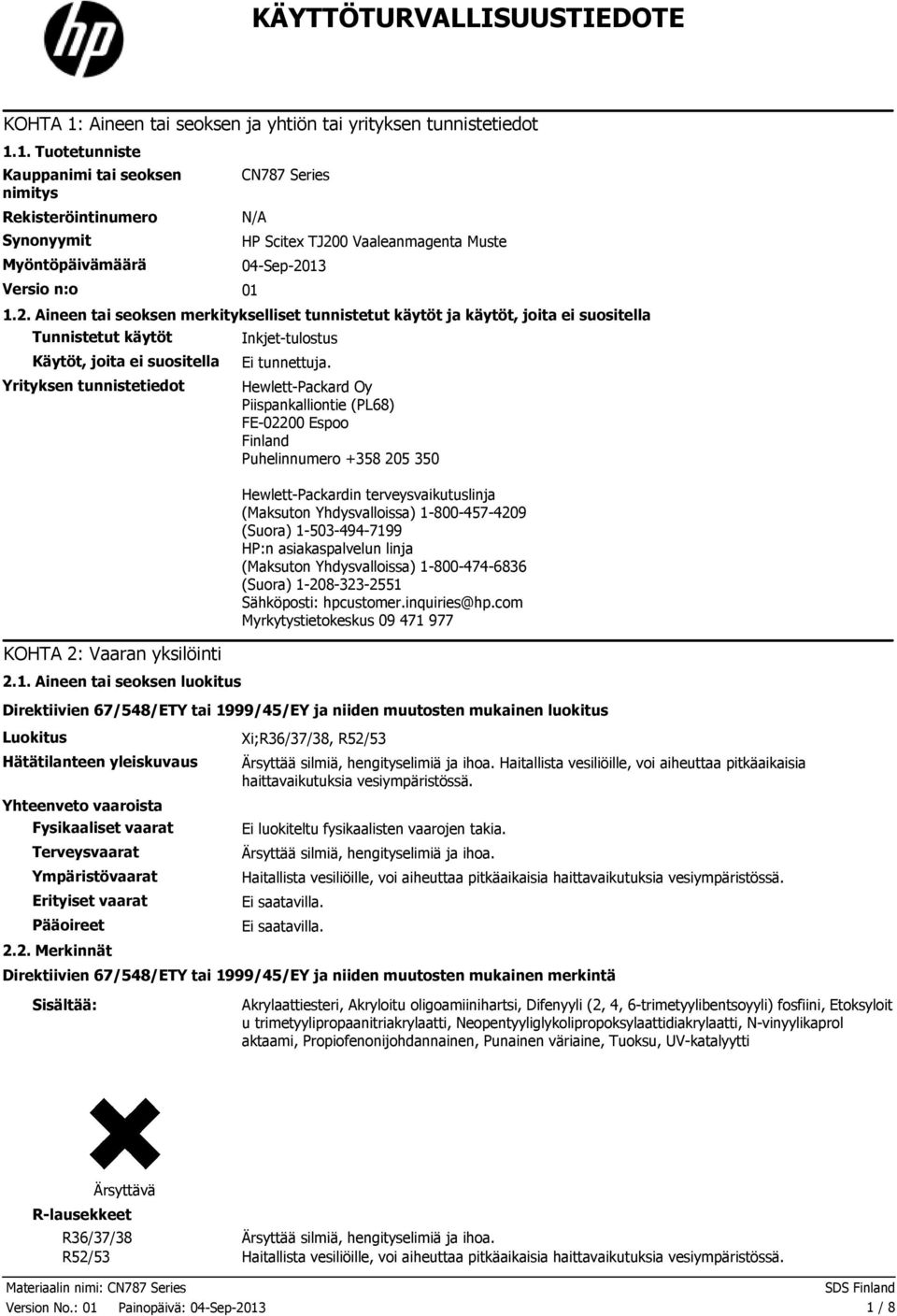 1. Tuotetunniste Kauppanimi tai seoksen nimitys Rekisteröintinumero Synonyymit Myöntöpäivämäärä CN787 Series N/A Versio n:o 01 HP Scitex TJ20