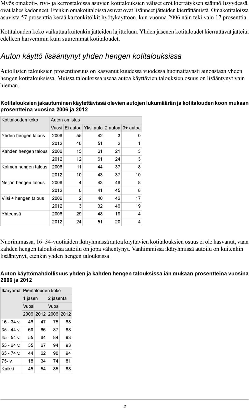 Yhden jäsenen kotitaloudet kierrättävät jätteitä edelleen harvemmin kuin suuremmat kotitaloudet.