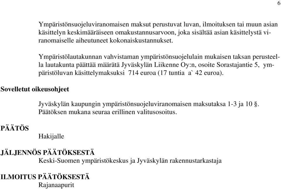 Ympäristölautakunnan vahvistaman ympäristönsuojelulain mukaisen taksan perusteella lautakunta päättää määrätä Jyväskylän Liikenne Oy:n, osoite Sorastajantie 5, ympäristöluvan
