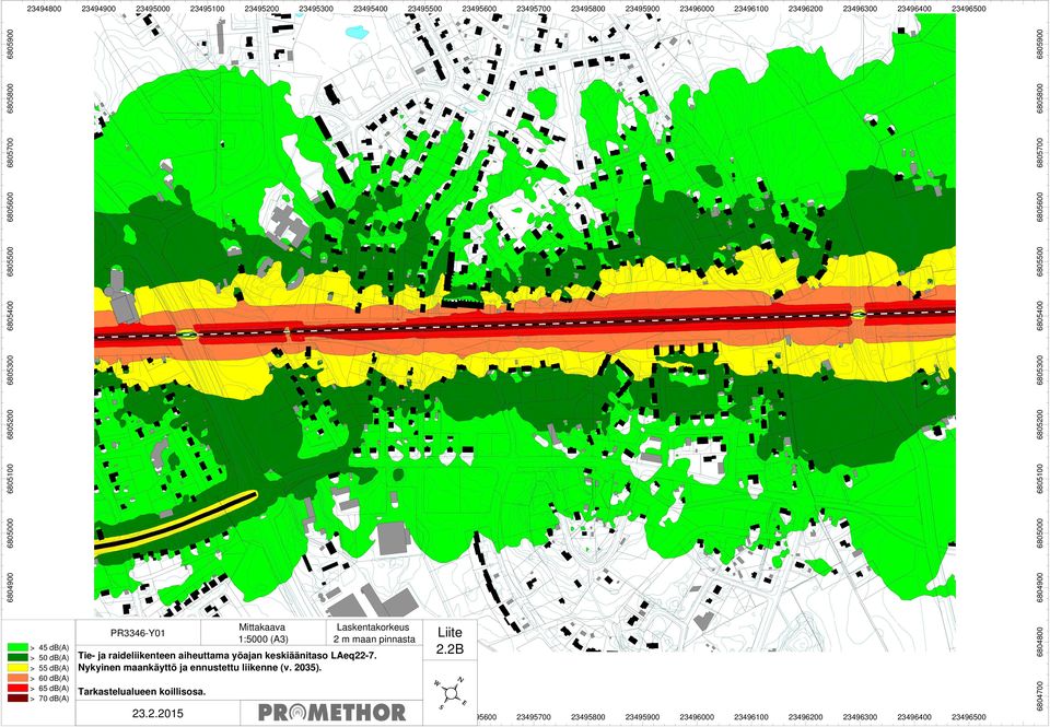 PR3346-Y01 Mittakaava 1:5000 (A3) 23495300 2 m maan pinnasta Tie- ja raideliikenteen aiheuttama yöajan keskiäänitaso LAeq22-7.