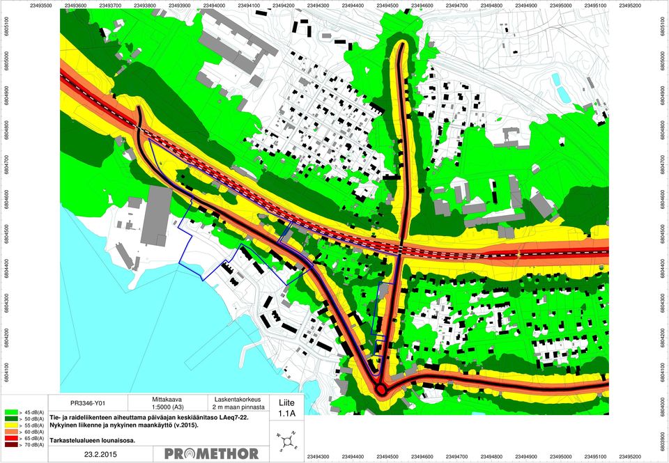 23493600 23493700 23493800 Mittakaava 1:5000 (A3) 23493900 2 m maan pinnasta Tie- ja raideliikenteen aiheuttama päiväajan keskiäänitaso LAeq7-22.