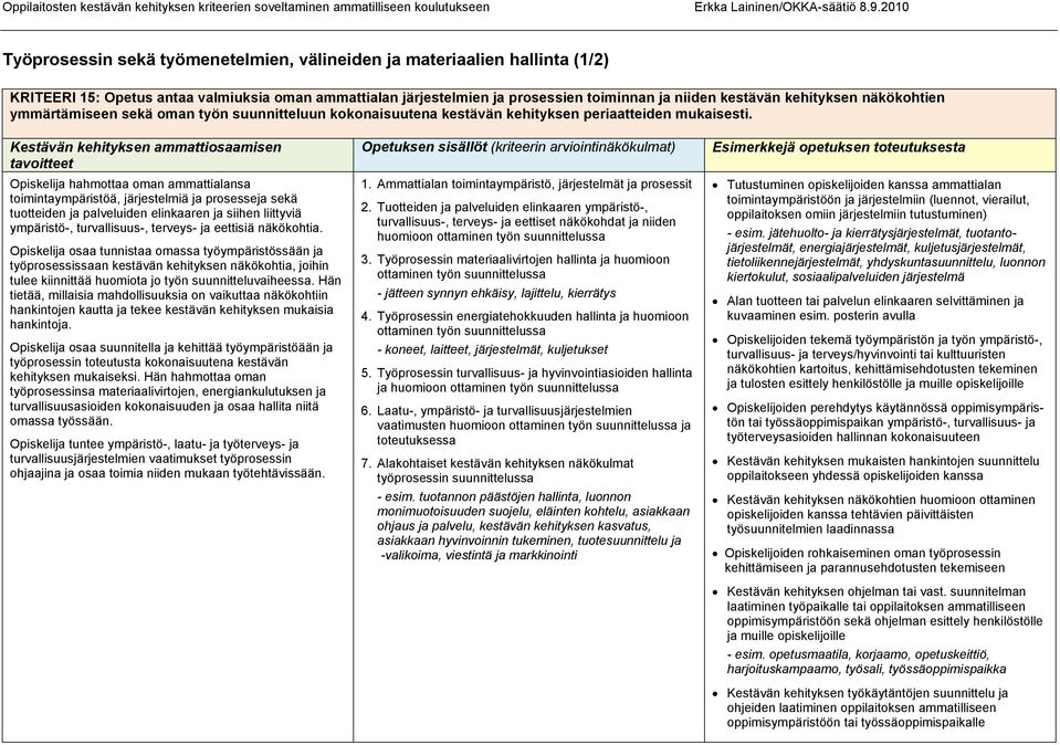 Opiskelija hahmottaa oman ammattialansa toimintaympäristöä, järjestelmiä ja prosesseja sekä tuotteiden ja palveluiden elinkaaren ja siihen liittyviä ympäristö-, turvallisuus-, terveys- ja eettisiä