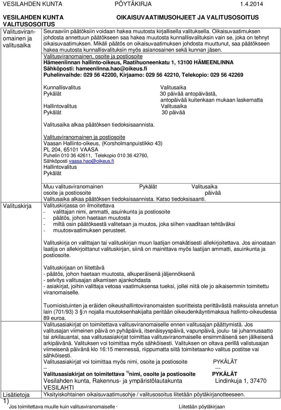 Seuraaviin päätöksiin voidaan hakea muutosta kirjallisella valituksella. Oikaisuvaatimuksen valitusaika oikaisuvaatimuksen.
