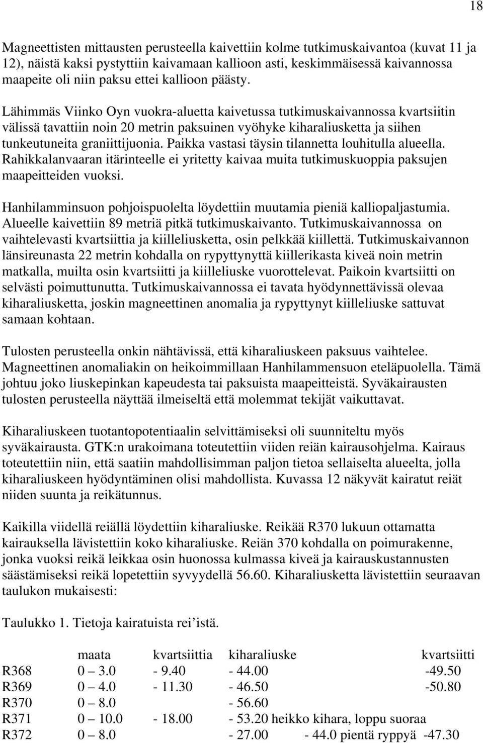 Lähimmäs Viinko Oyn vuokra-aluetta kaivetussa tutkimuskaivannossa kvartsiitin välissä tavattiin noin 20 metrin paksuinen vyöhyke kiharaliusketta ja siihen tunkeutuneita graniittijuonia.