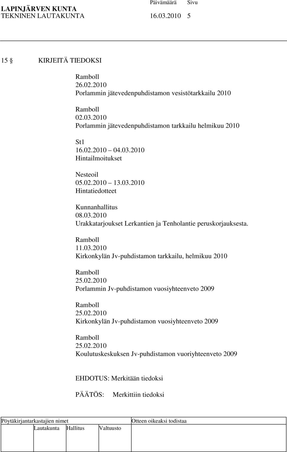 11.03.2010 Kirkonkylän Jv-puhdistamon tarkkailu, helmikuu 2010 25.02.2010 Porlammin Jv-puhdistamon vuosiyhteenveto 2009 25.02.2010 Kirkonkylän Jv-puhdistamon vuosiyhteenveto 2009 25.