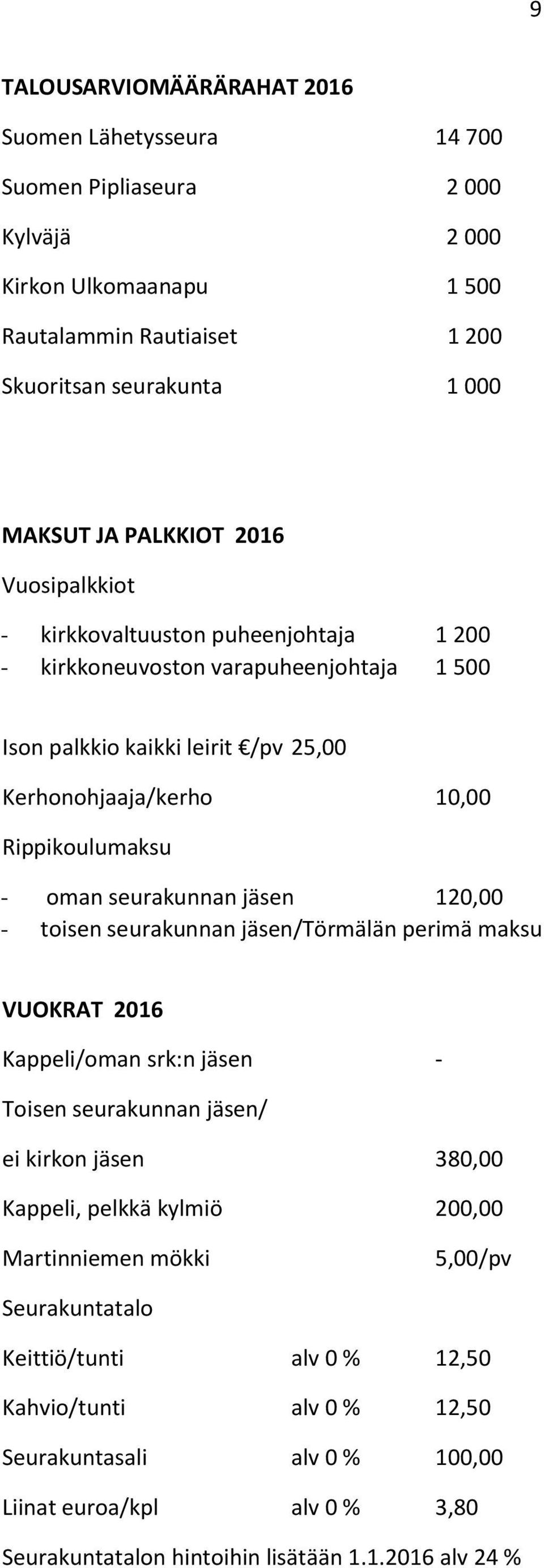 seurakunnan jäsen 120,00 - toisen seurakunnan jäsen/törmälän perimä maksu VUOKRAT Kappeli/oman srk:n jäsen - Toisen seurakunnan jäsen/ ei kirkon jäsen 380,00 Kappeli, pelkkä kylmiö 200,00