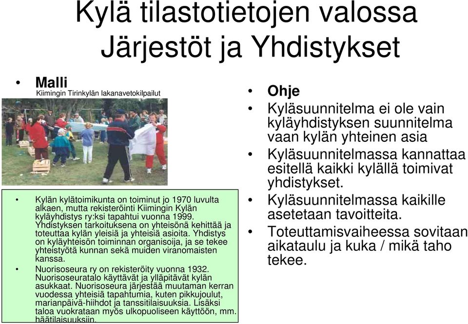 Yhdistys on kyläyhteisön toiminnan organisoija, ja se tekee yhteistyötä kunnan sekä muiden viranomaisten kanssa. Nuorisoseura ry on rekisteröity vuonna 1932.